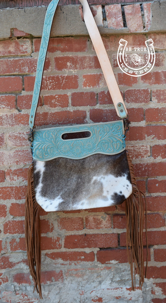 The American Darling Turquoise Leather and Hair Fringe Crossbody Purse