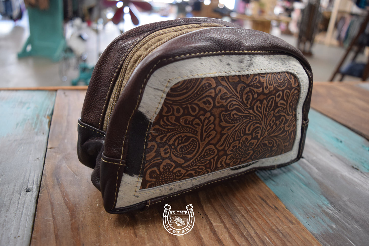 Cowhide and Floral Tooled Shave Cosmetic Bag