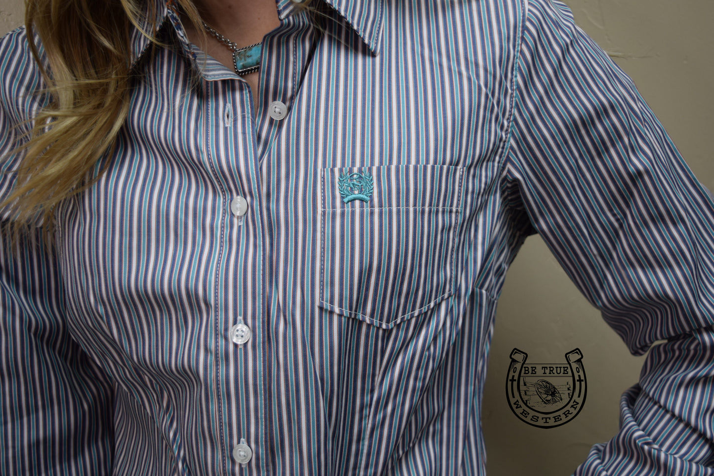 The Teal And White Striped Womens Cinch Button Down