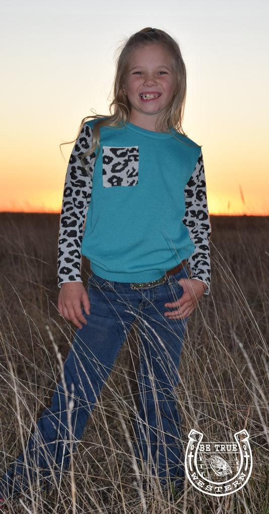 The Kids Frankly My Dear Turquoise and Leopard Knit Sweater