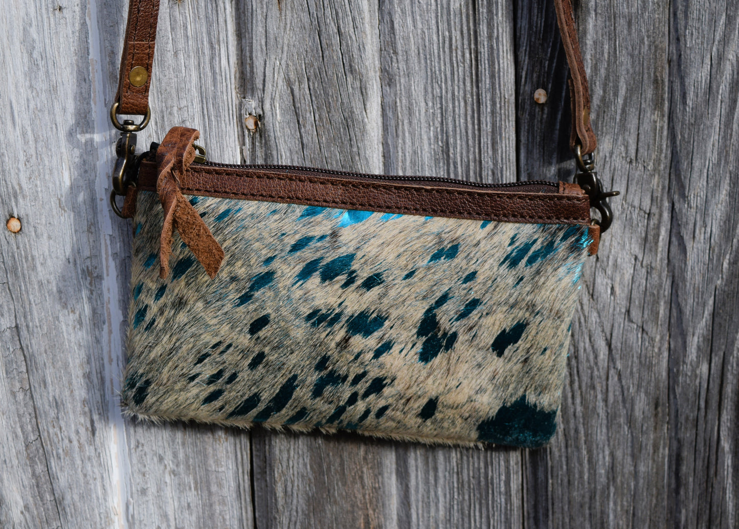 Beige Turquoise Acid Washed Cowhide Clutch Purse