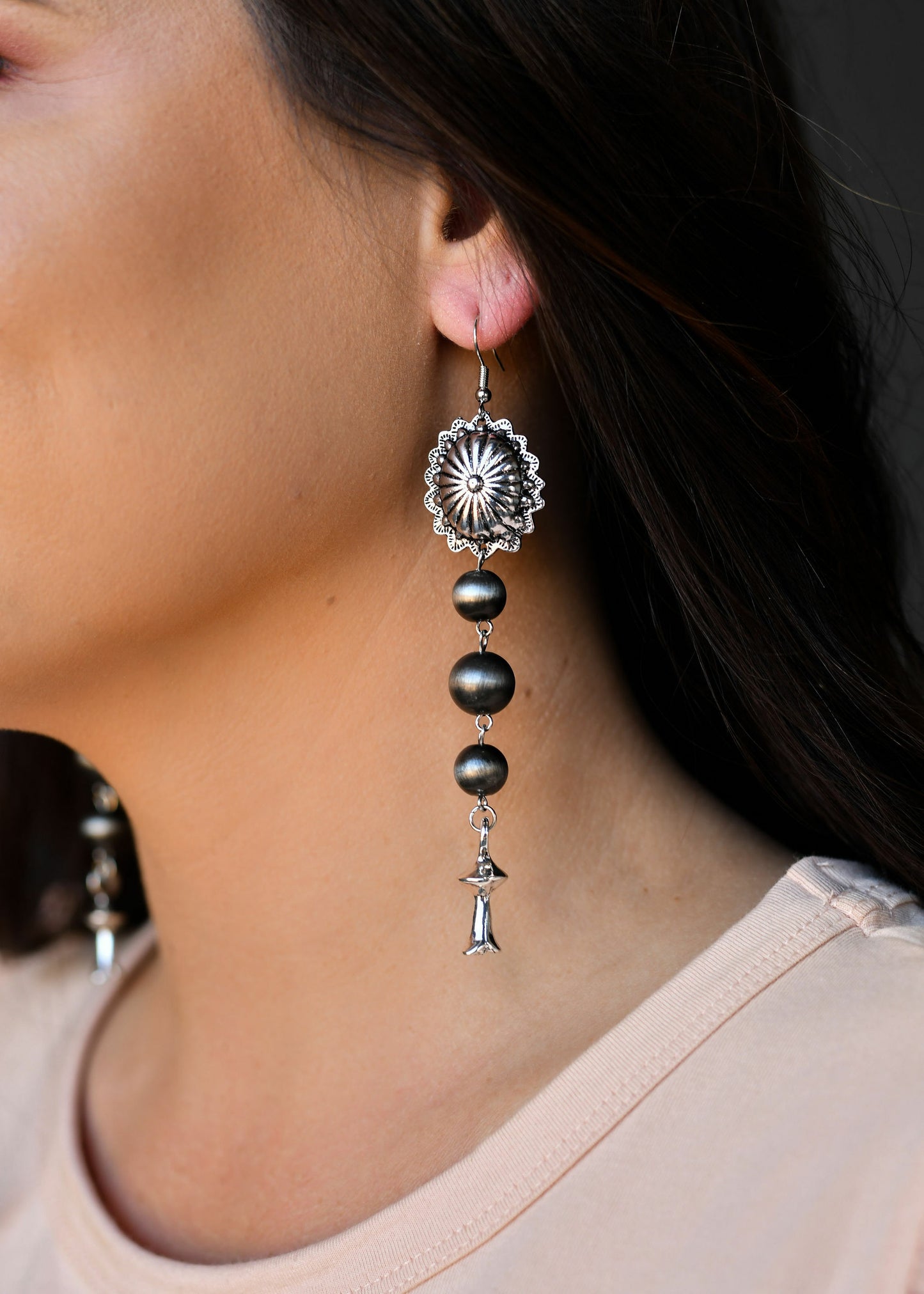 Navajo Pearl Drop Earring with  Silver Concho and Blossom