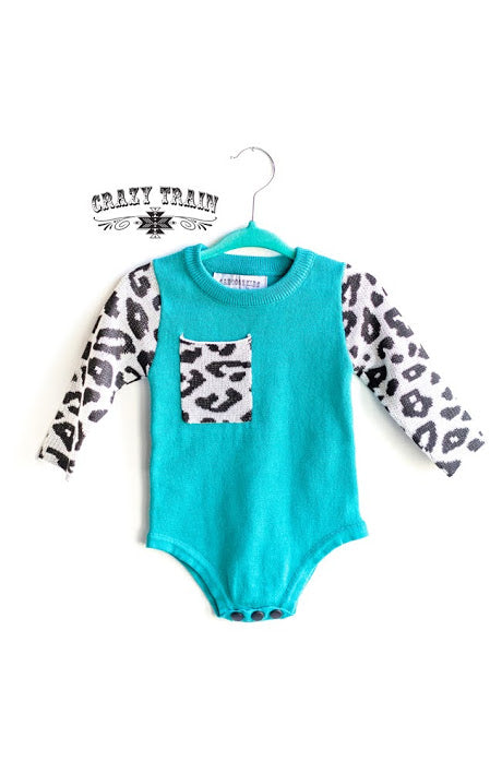 Crazy Train Frankly My Dear Turquoise and Leopard Knit Onesie