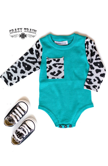 Crazy Train Frankly My Dear Turquoise and Leopard Knit Onesie