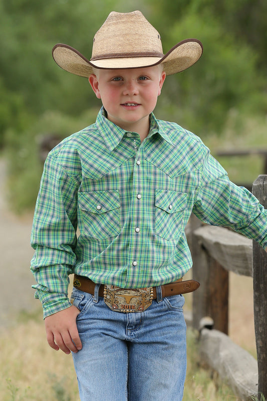 Cinch Boy's Long Green and Navy Plaid Pearl Snap