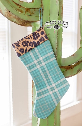 The Sassy Santa Turquoise Plaid and Leopard Stocking