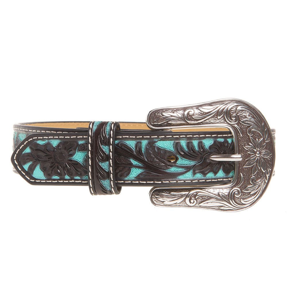 Girls Brown Floral Belt with Painted Turquoise Inlay