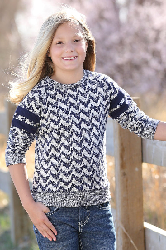 Girls Navy and White French Terry Pullover Sweater