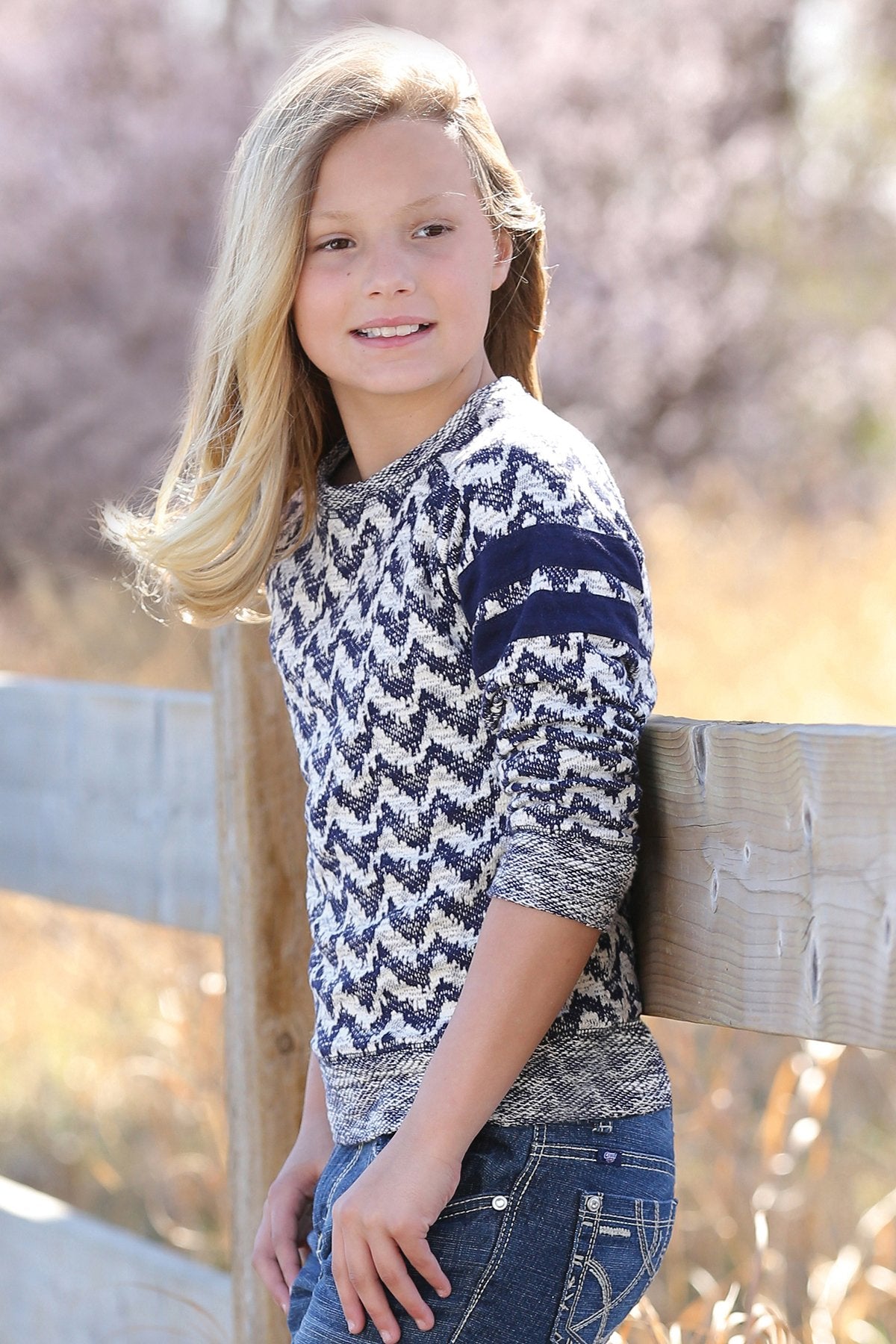 Girls Navy and White French Terry Pullover Sweater
