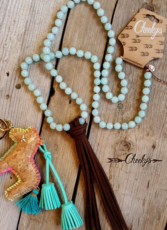 Mint Bead Necklace with Leather Tassel