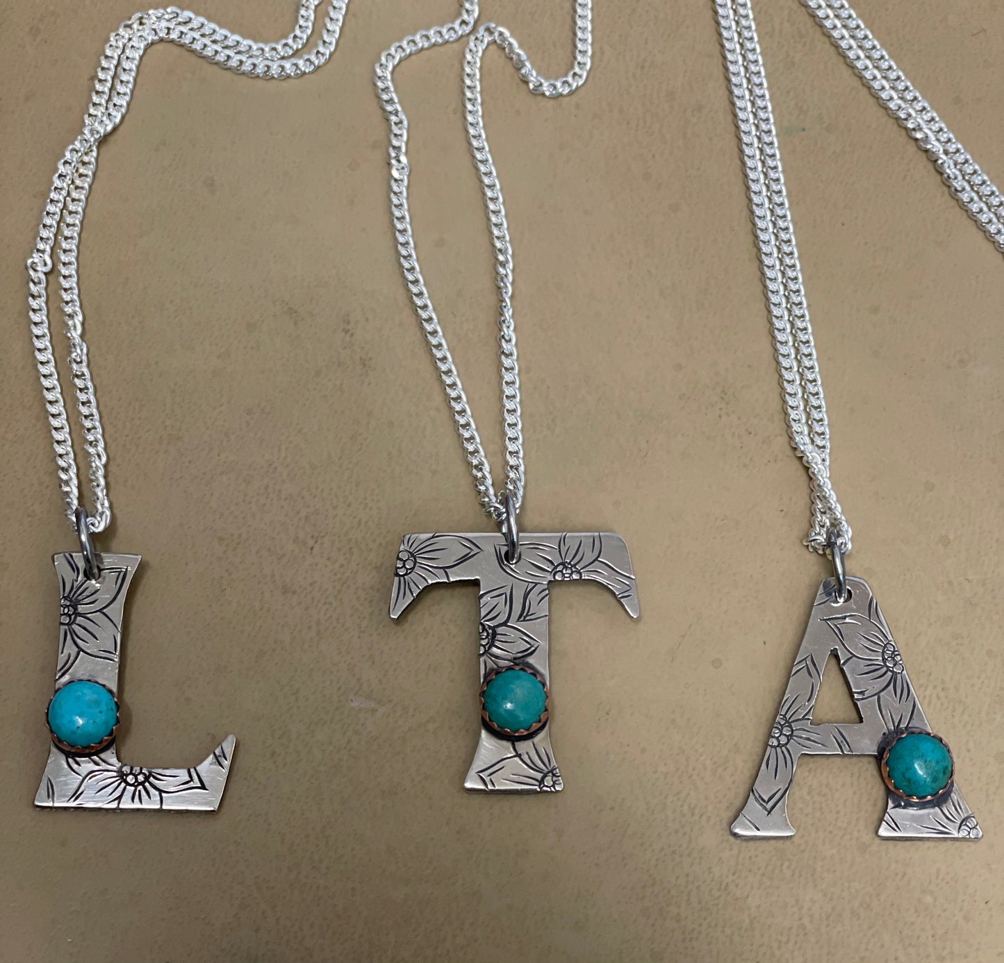 Hand Engraved Big Initial Necklaces with Real Turquoise
