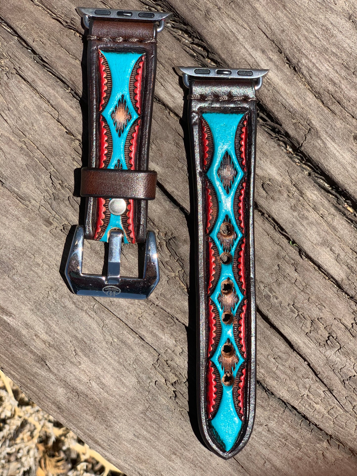 Leather Tapered Aztec Apple Watch Band Turquoise/Red