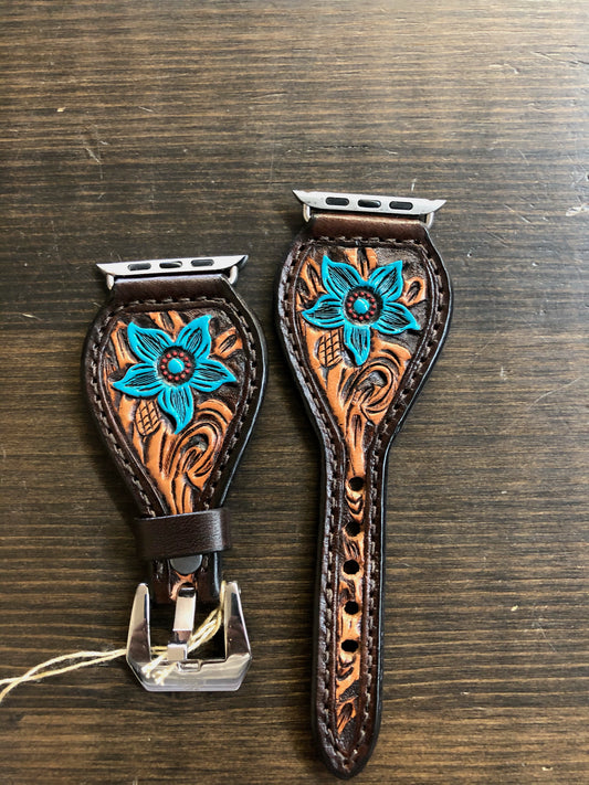 Leather Tear Drop Brown Background Turquoise Flower Apple Watch Band