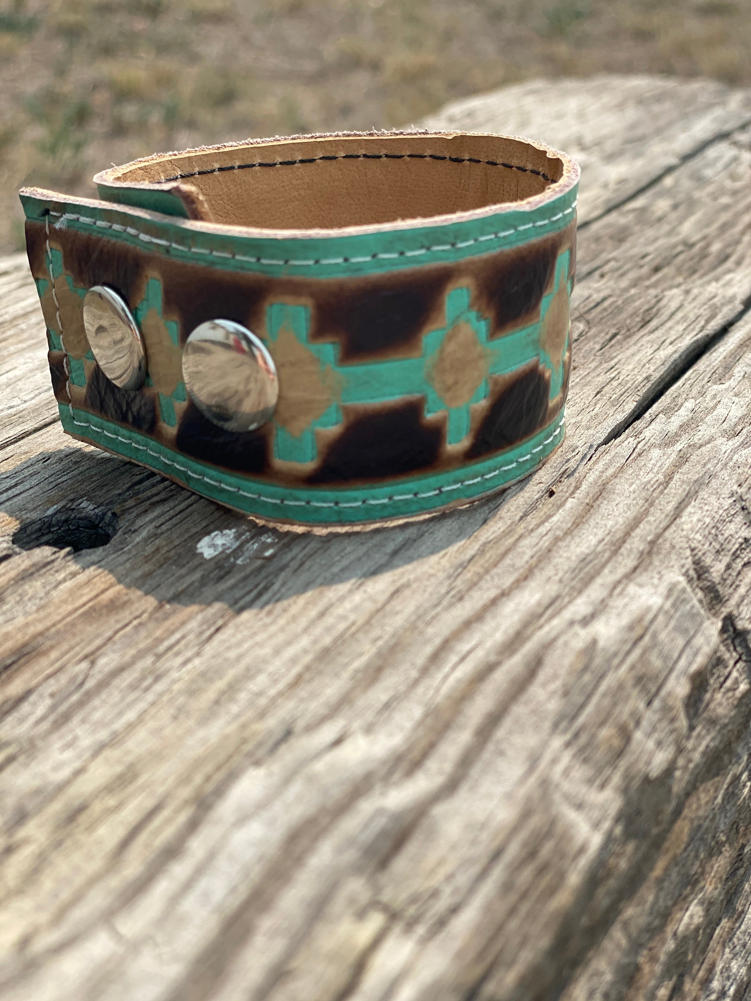 Western Leather Cuff Bracelet Turquoise Navajo Cross  Fleurdesignz