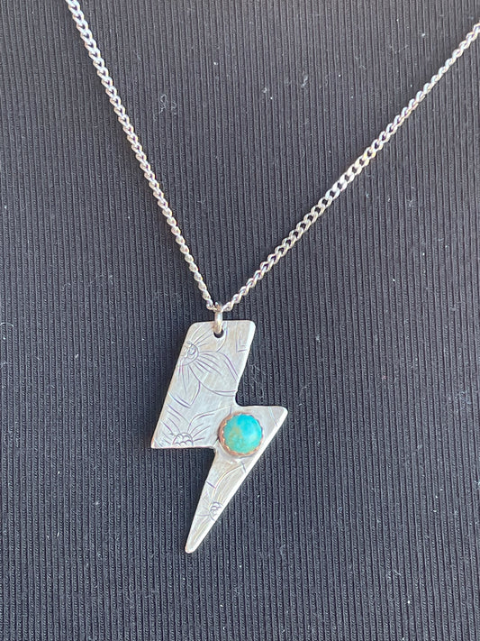 Silver Lighting Bolt Necklace with Authentic Turquoise