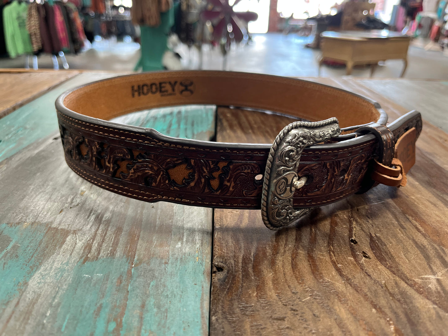Hooey Western Mens Belt Leather Tooled Cutout Brown/Brown