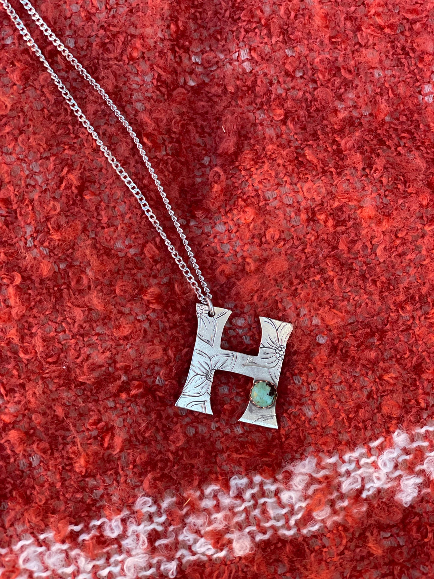 Hand Engraved Big Initial Necklaces with Real Turquoise