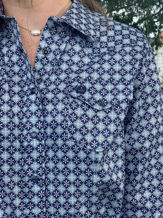 Cinch Women's Blue Print Long Sleeve Snap Front Shirt