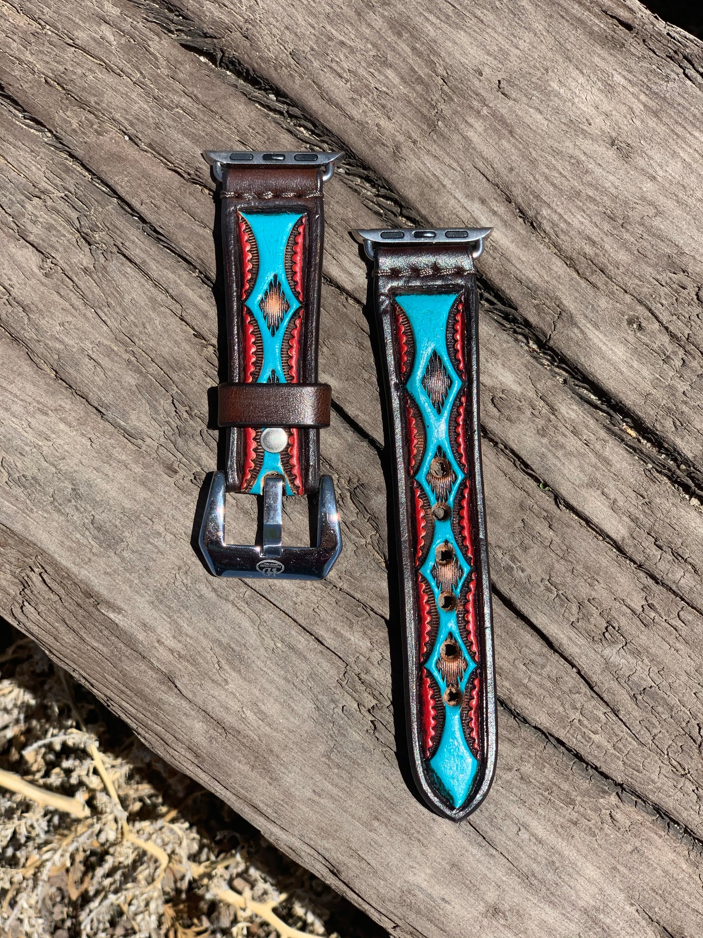 Leather Tapered Aztec Apple Watch Band Turquoise/Red