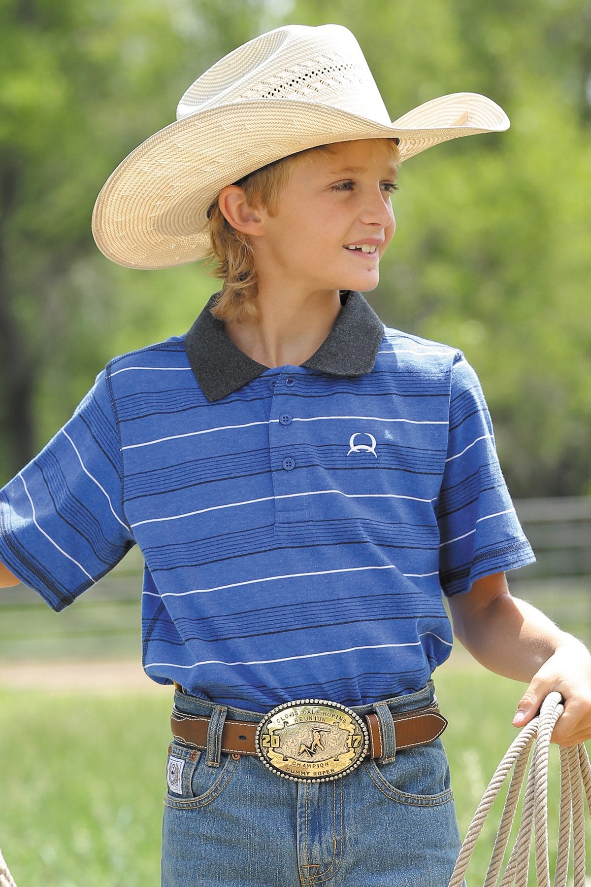 CINCH Boy's Heathered Blue, Black and White Polo