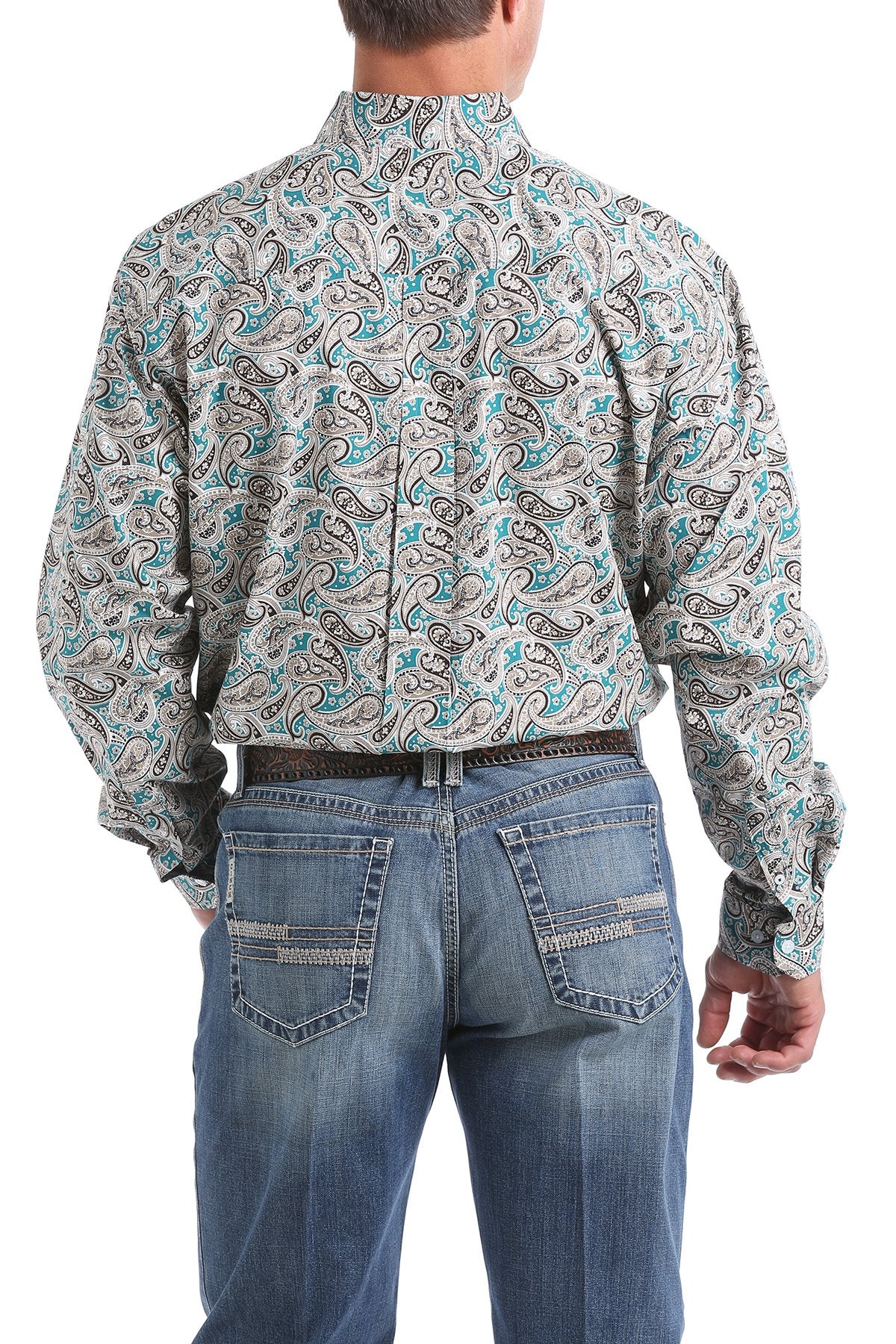 Cinch Men's Green, Khaki and Chocolate Brown Paisley Print Button-Down Western Shirt