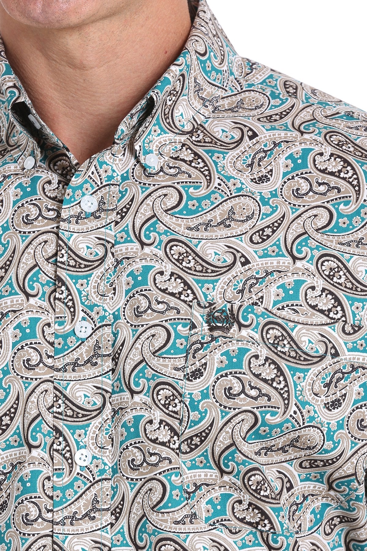 Cinch Men's Green, Khaki and Chocolate Brown Paisley Print Button-Down Western Shirt