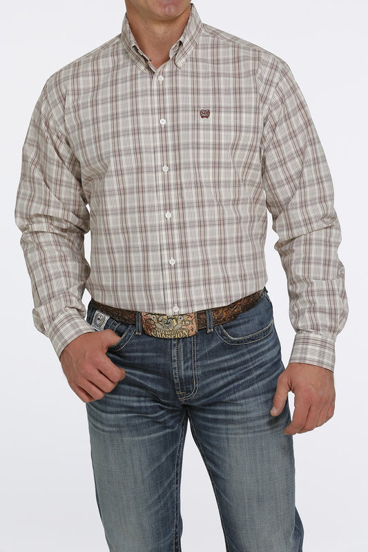 Cinch Men's Cream/Brown Plaid Print Button-Down Western Shirt