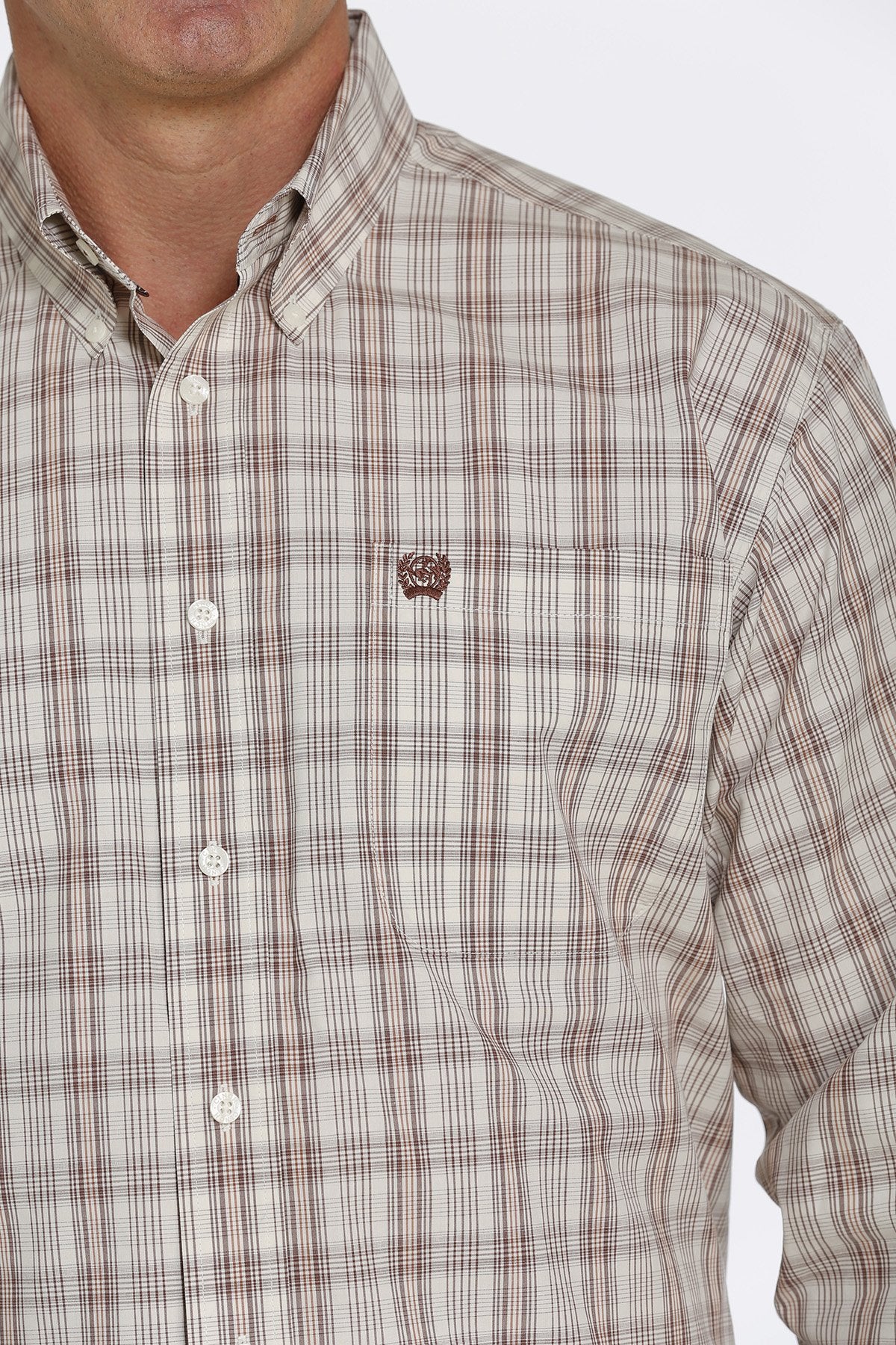 Cinch Men's Cream/Brown Plaid Print Button-Down Western Shirt