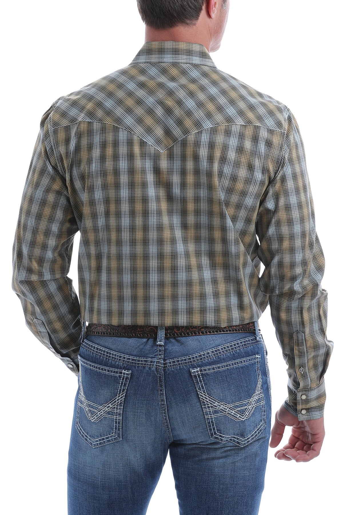 Men's Modern Fit Tan, Blue and Charcoal Plaid Western Snap Shirt