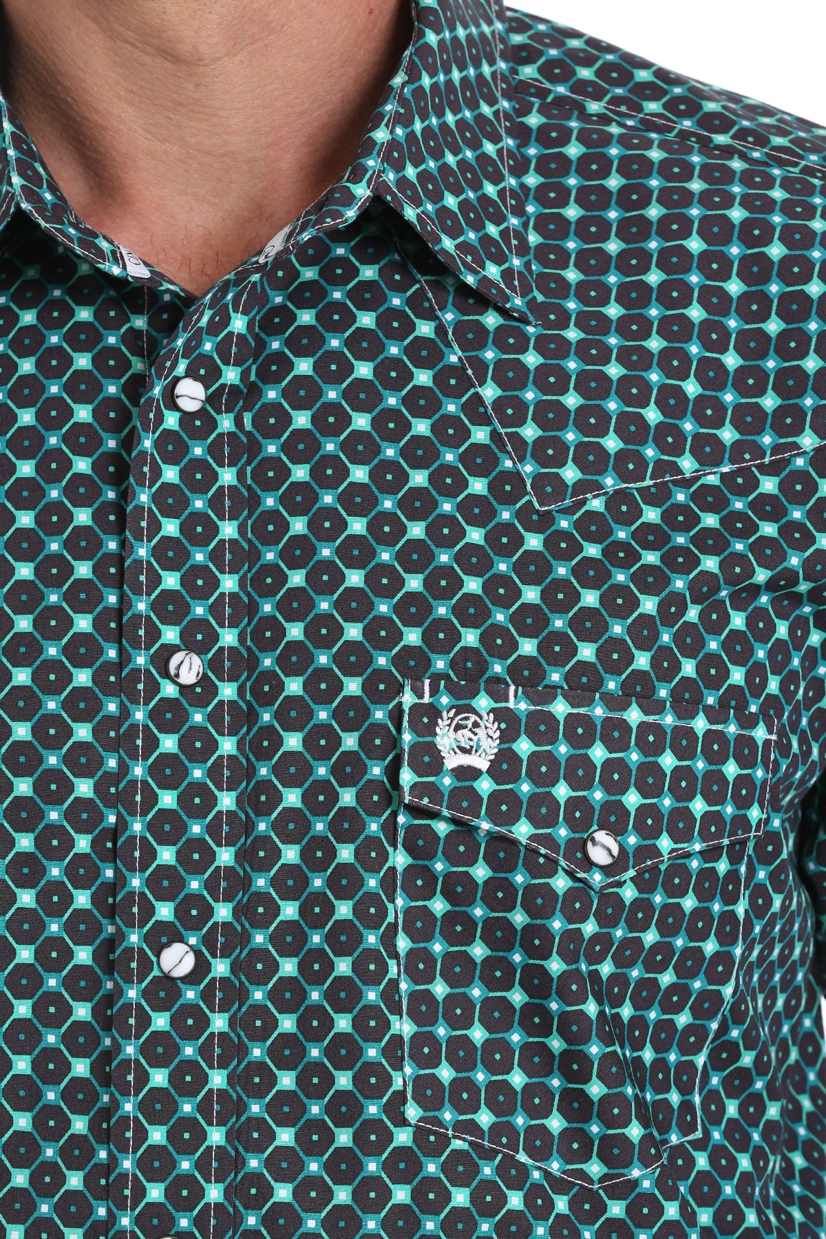 Cinch Men's Brown, Green, and Teal Geometric Print Snap Western Shirt